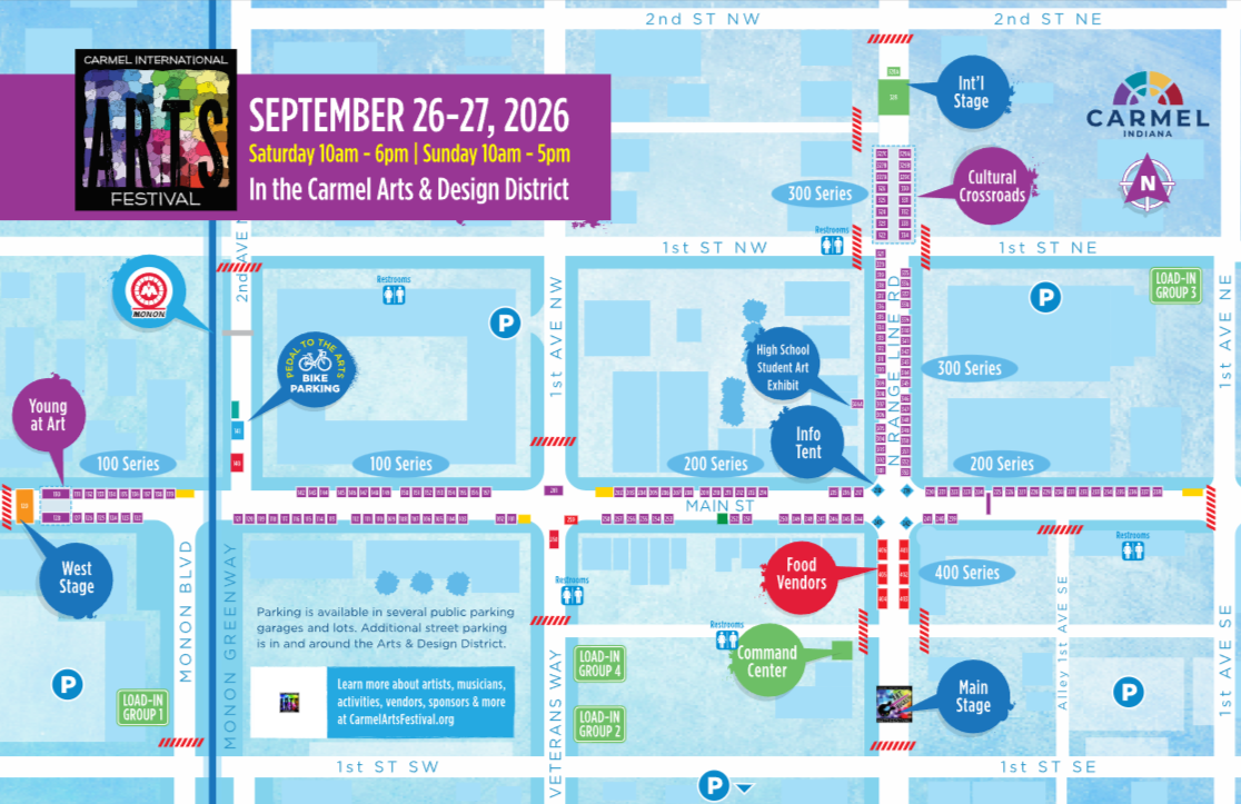 Map of the Carmel International Arts Festival layout in the Carmel Arts and Design District, showing stage locations