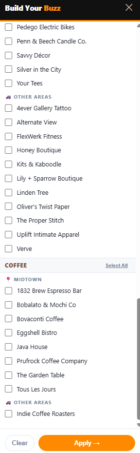 The Build Your Buzz pop-up window with selectable categories