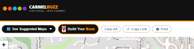 The CarmelBuzz map page and navigation menu