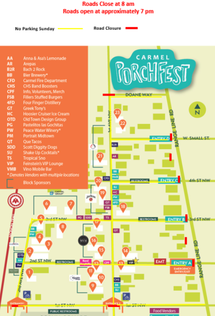 The Carmel PorchFest map showing porch locations across the neighborhood north of Main Street in the Arts and Design District