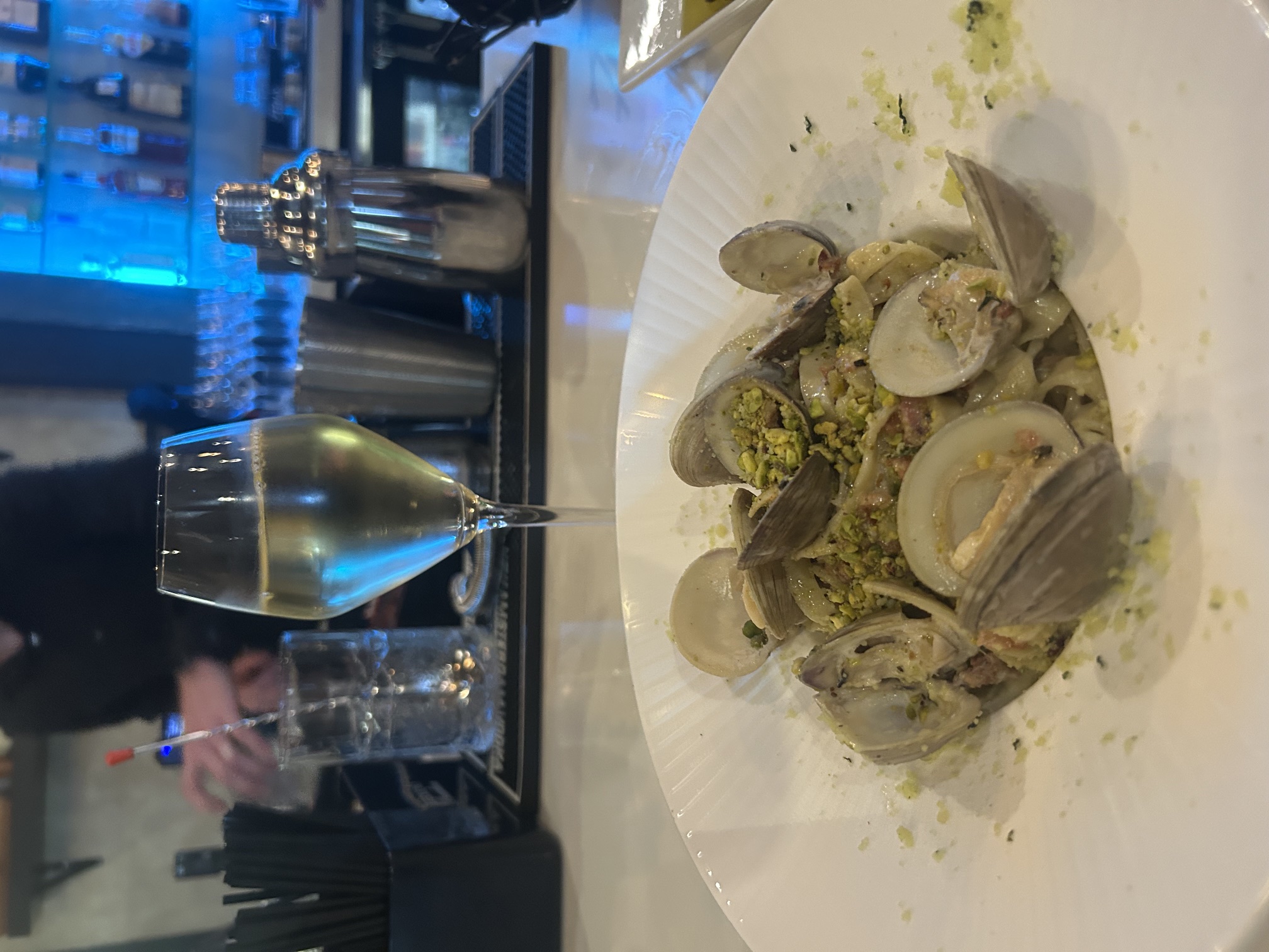 Vongole Al Pistacchio E Pancetta, fettuccine with clams and pancetta in white wine pistachio cream sauce, at Ristorante Roma